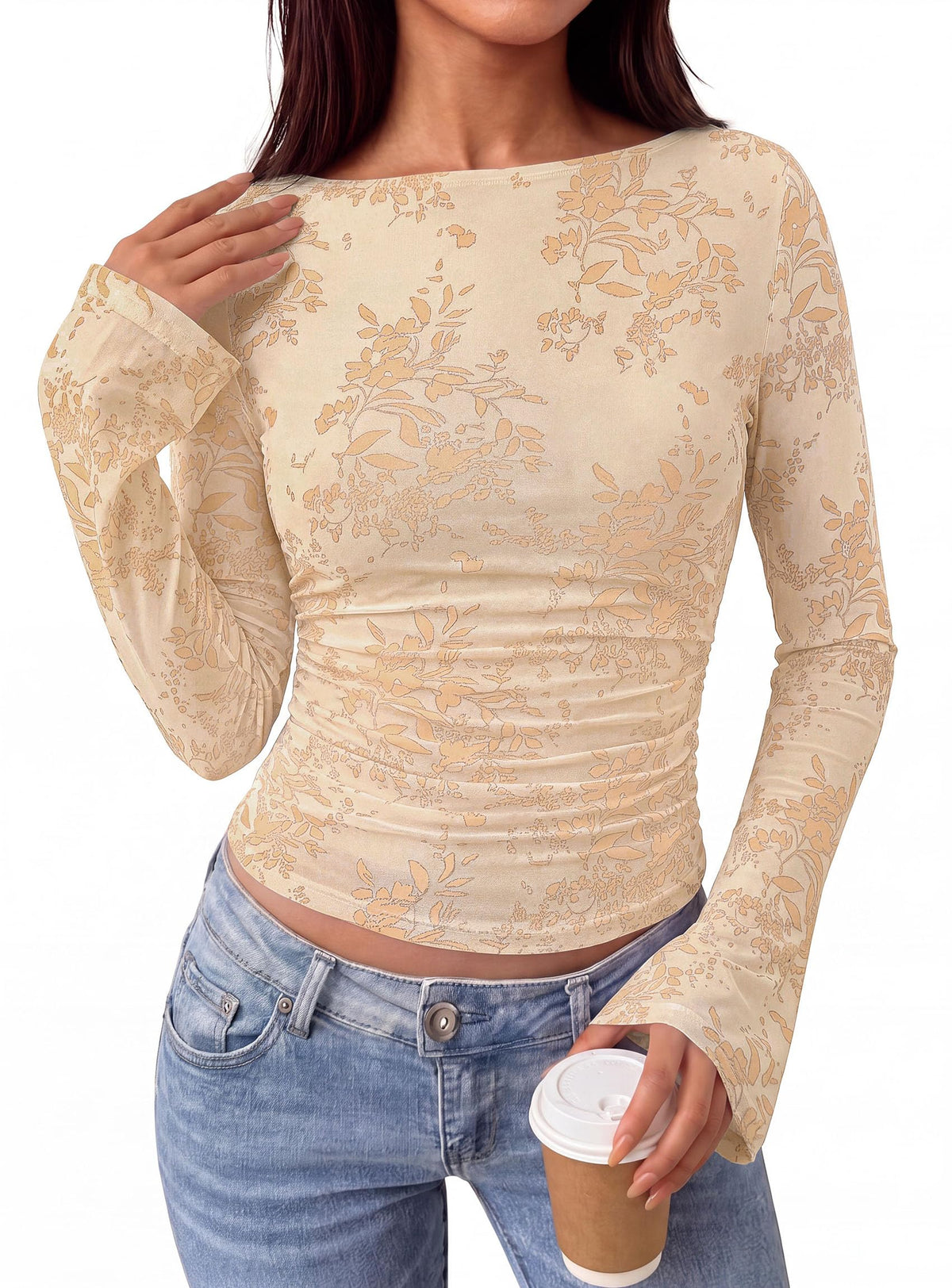 PRETTYGARDEN Women's Bell Sleeve Floral Mesh Crop Tops | Slim Fitted Shirts, Long Sleeve Going Out Top, Ruched Front, Boat Neck, Casual Blouses, Fall Date Night Outfits, Y2K Clothes