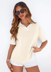 PRETTYGARDEN Summer Short Sleeve Polo Shirts for Women Collared V Neck Work Dressy Tops Knit Loose Business Casual Outfits PRETTYGARDEN