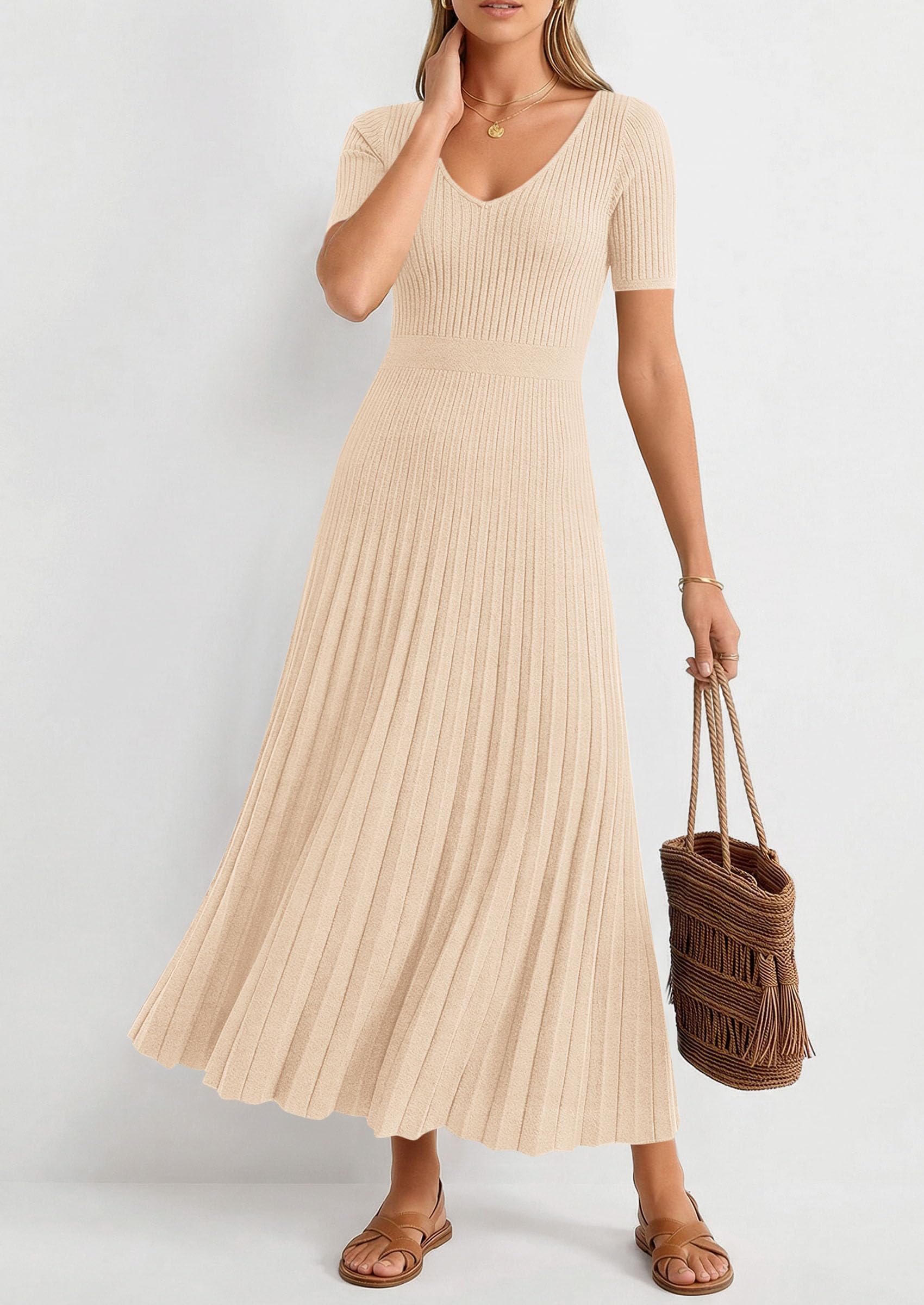 PRETTYGARDEN Women's Spring Midi Sweater Dresses Elegant Pleated Ribbed Knit Short Sleeve V Neck A Line Summer Outfits PRETTYGARDEN