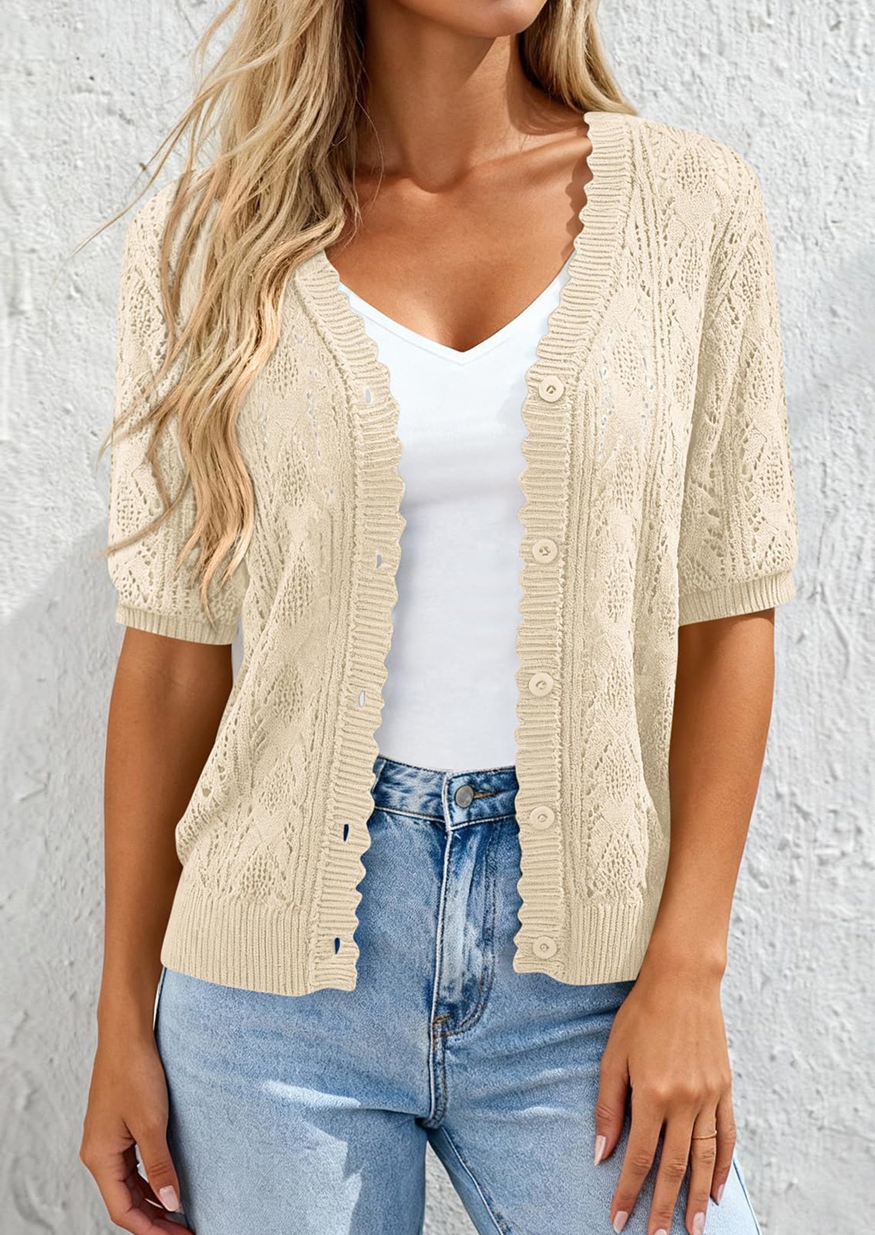 PRETTYGARDEN Short Sleeve Crochet Knit Summer Cardigans for Women Lightweight Button Down Hollow Out Sweater Beach Cover Up PRETTYGARDEN