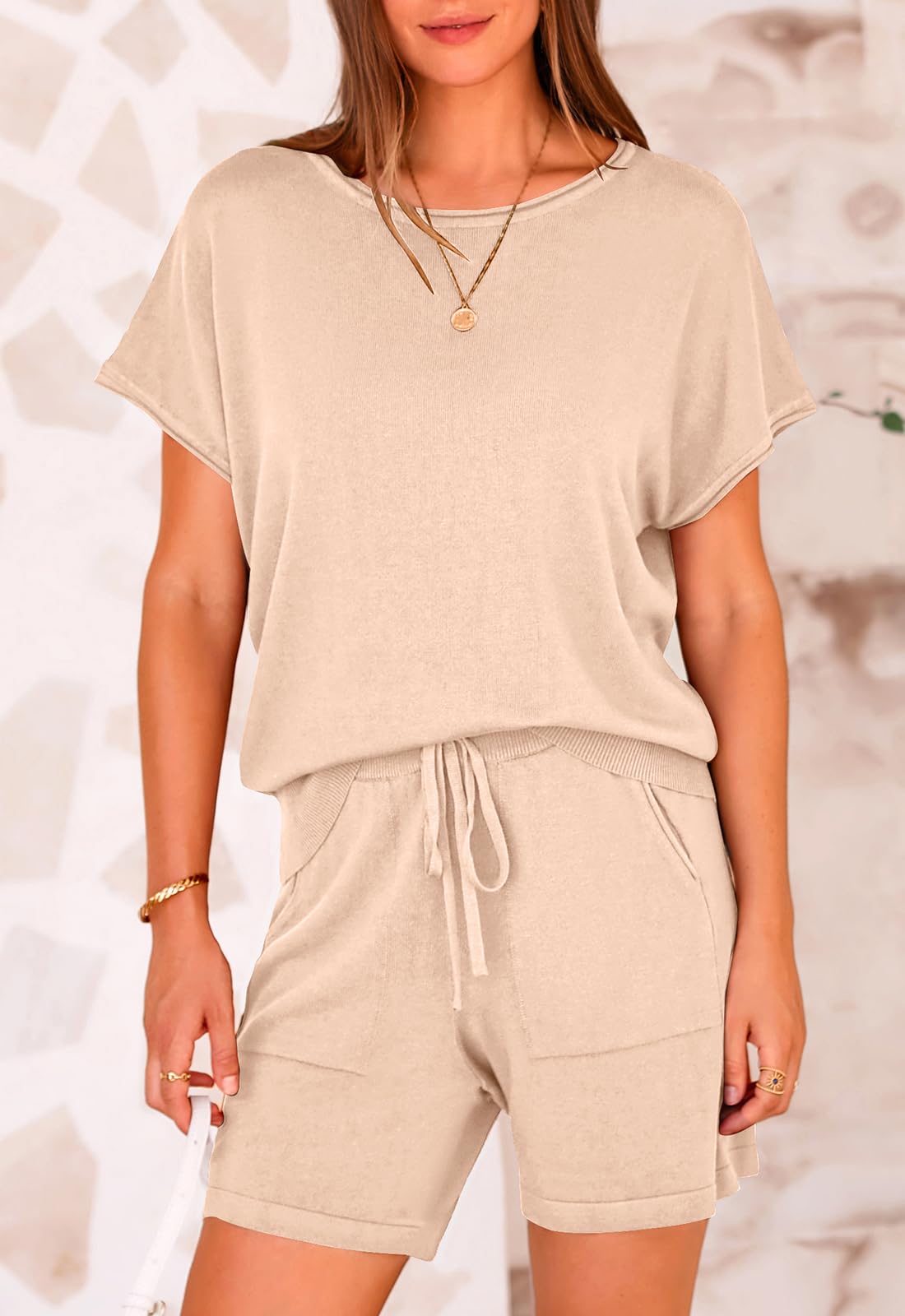 PRETTYGARDEN Two Piece Set for Women Summer Lounge Sets Shorts And Short Sleeve Tops Knitted Matching Travel Spring Outfits PRETTYGARDEN