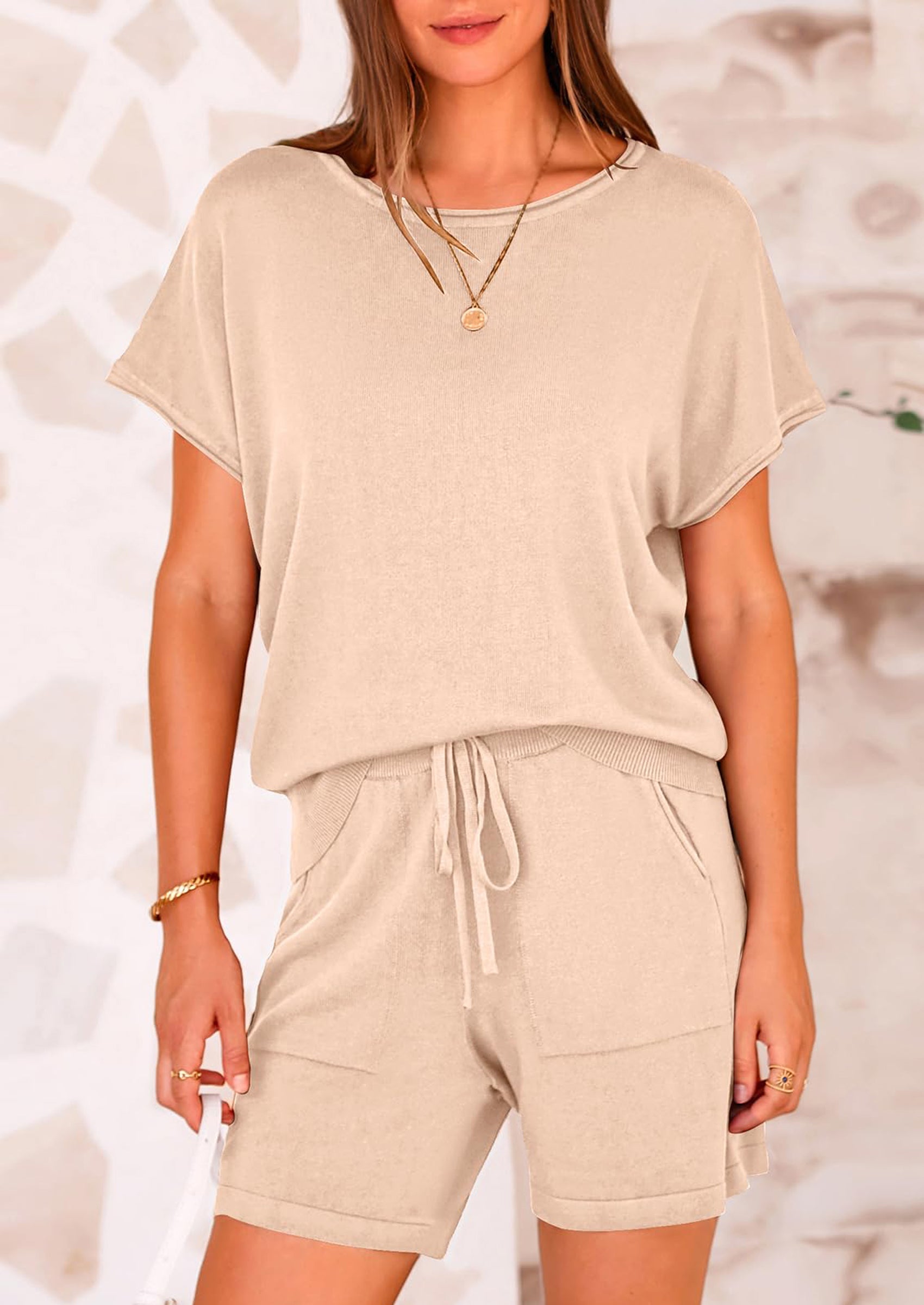 PRETTYGARDEN Two Piece Set for Women Summer Lounge Sets Shorts And Short Sleeve Tops Knitted Matching Travel Spring Outfits PRETTYGARDEN