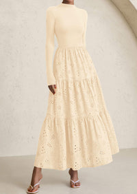 PRETTYGARDEN Long Sleeve Dress for Women Fall Eyelet Mock Neck A Line Elegant Classy Maxi Wedding Guest Dresses Pockets