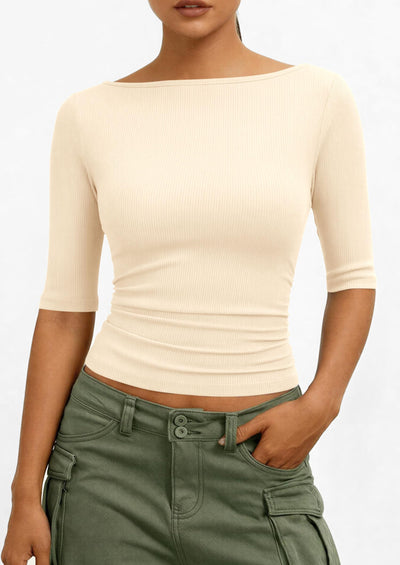 PRETTYGARDEN Womens Summer Short Sleeve Tops Boat Neck Ribbed Knit Slim Fit T Shirt Casual Basic Top Spring Clothes PRETTYGARDEN