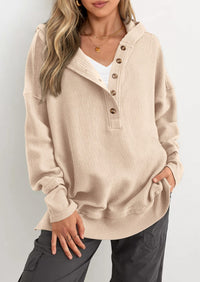 PRETTYGARDEN Womens Fashion Oversized Long Sleeve Hoodie Button Down V Neck Sweatshirt Side Slit Casual Pullover Tops