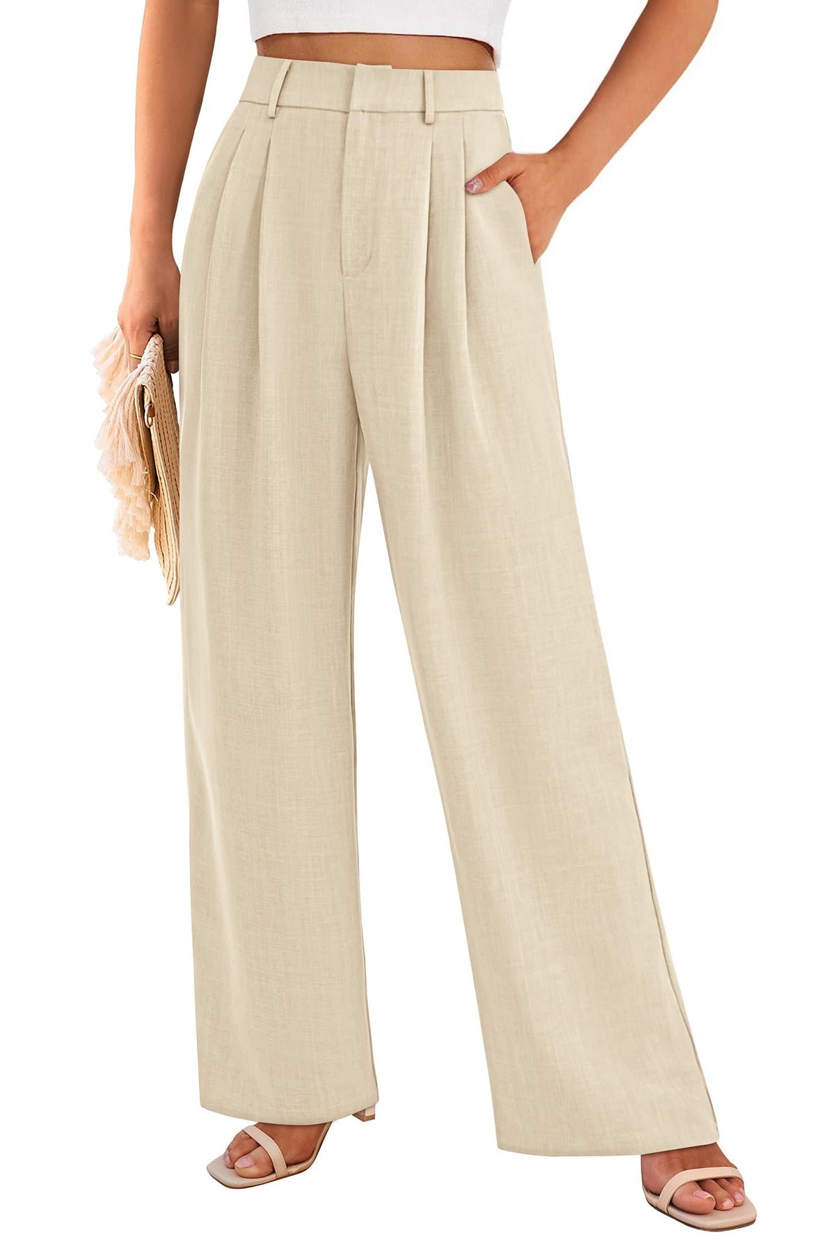 Elastic High Waisted Straight Leg Business Trousers Slacks With Pockets