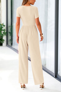 Summer One Piece Jumpsuits Dressy Casual Short Sleeve Square Neck Wide Leg Jumpsuit Rompers