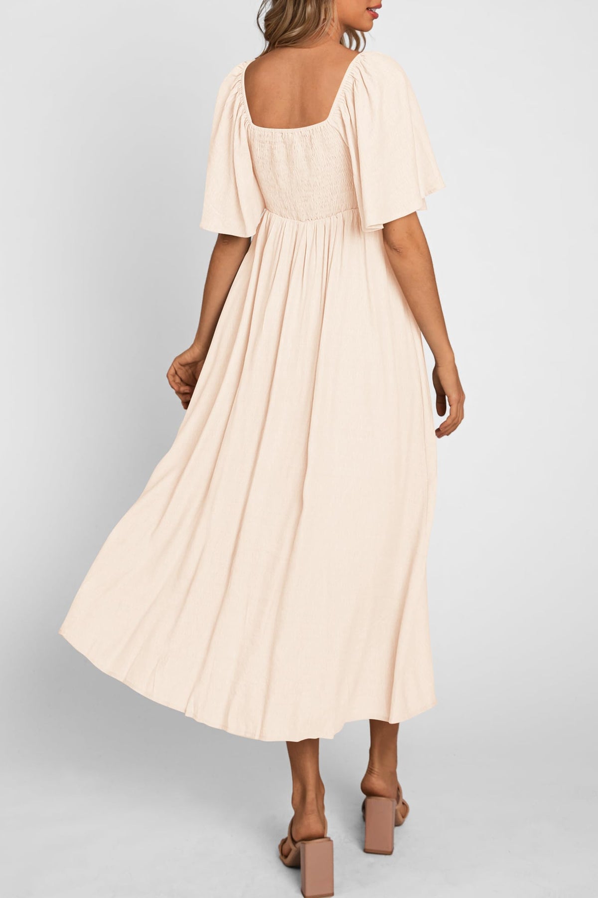 Casual Short Sleeve Bow Tie V Neck Ruffle Midi Flowy Dresses