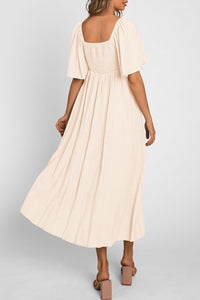 Casual Short Sleeve Bow Tie V Neck Ruffle Flowy Midi Dresses