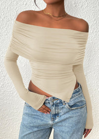 PRETTYGARDEN Women's Long Sleeve Shirts Off Shoulder Tops Going Out Slim Fitted Y2K Blouses Fall Fashion Clothes