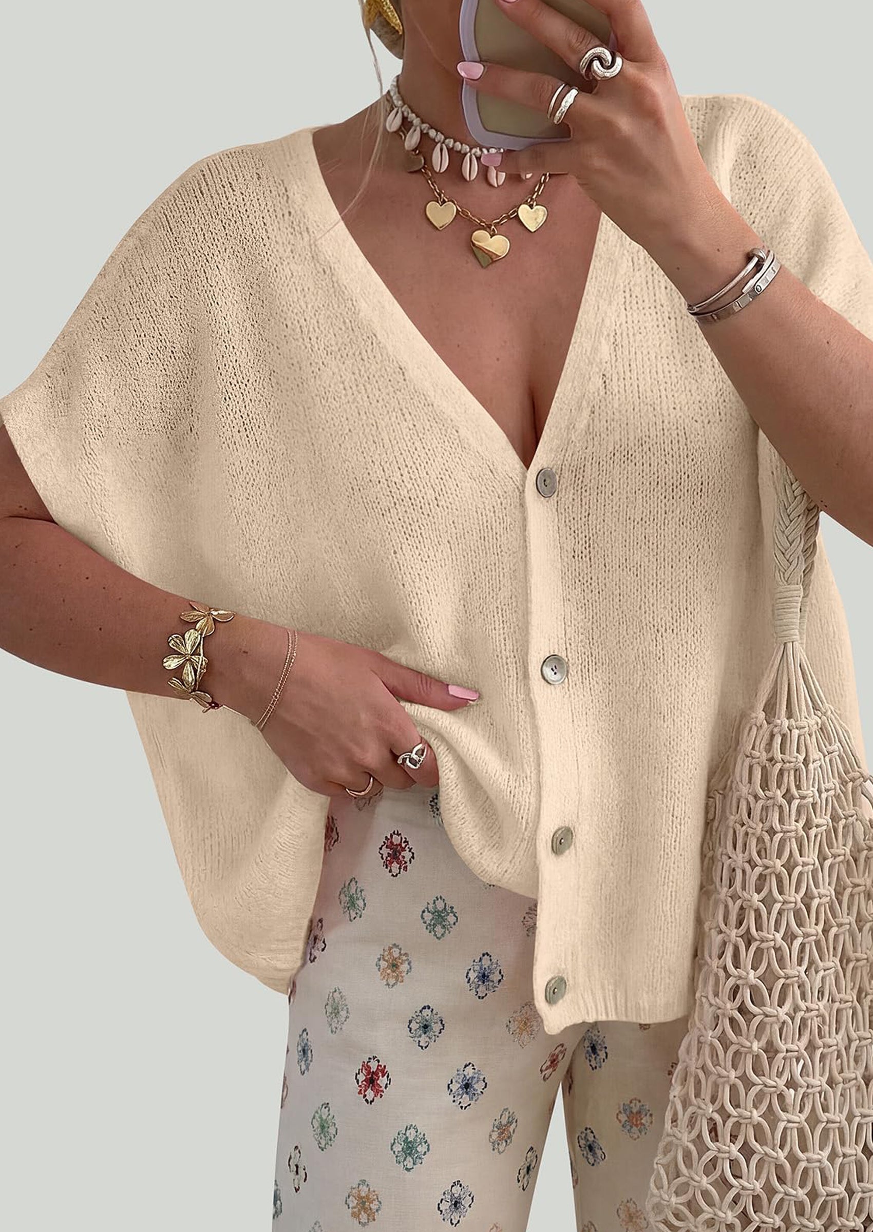 PRETTYGARDEN Batwing Short Sleeve Summer Cardigan Sweaters for Women Lightweight V Neck Button Oversized Sweater Tops PRETTYGARDEN