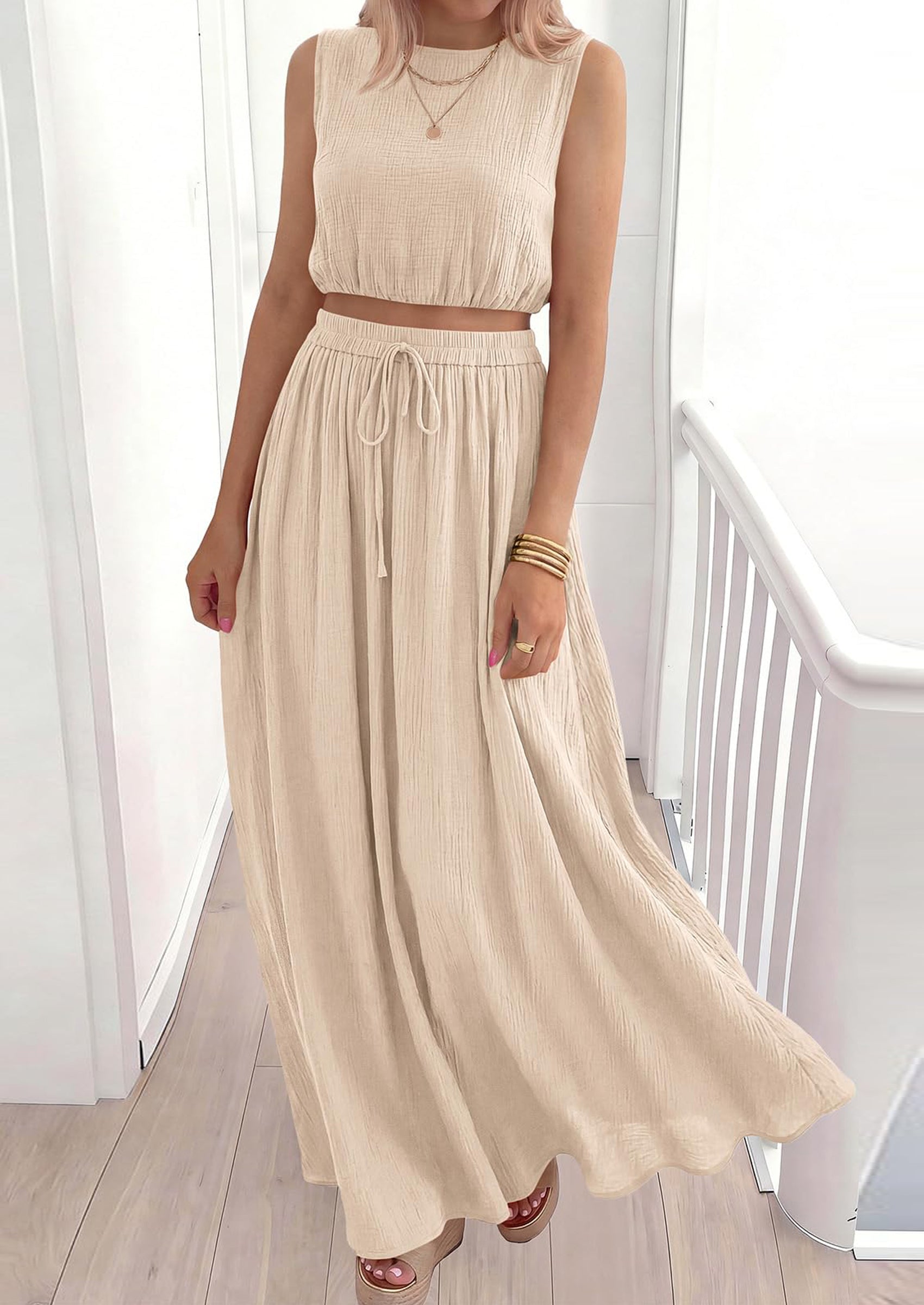 PRETTYGARDEN 2 Piece Sets for Women Summer Outfits Fashion Cotton Sleeveless Crop Top Long Maxi Skirt Set with Pockets