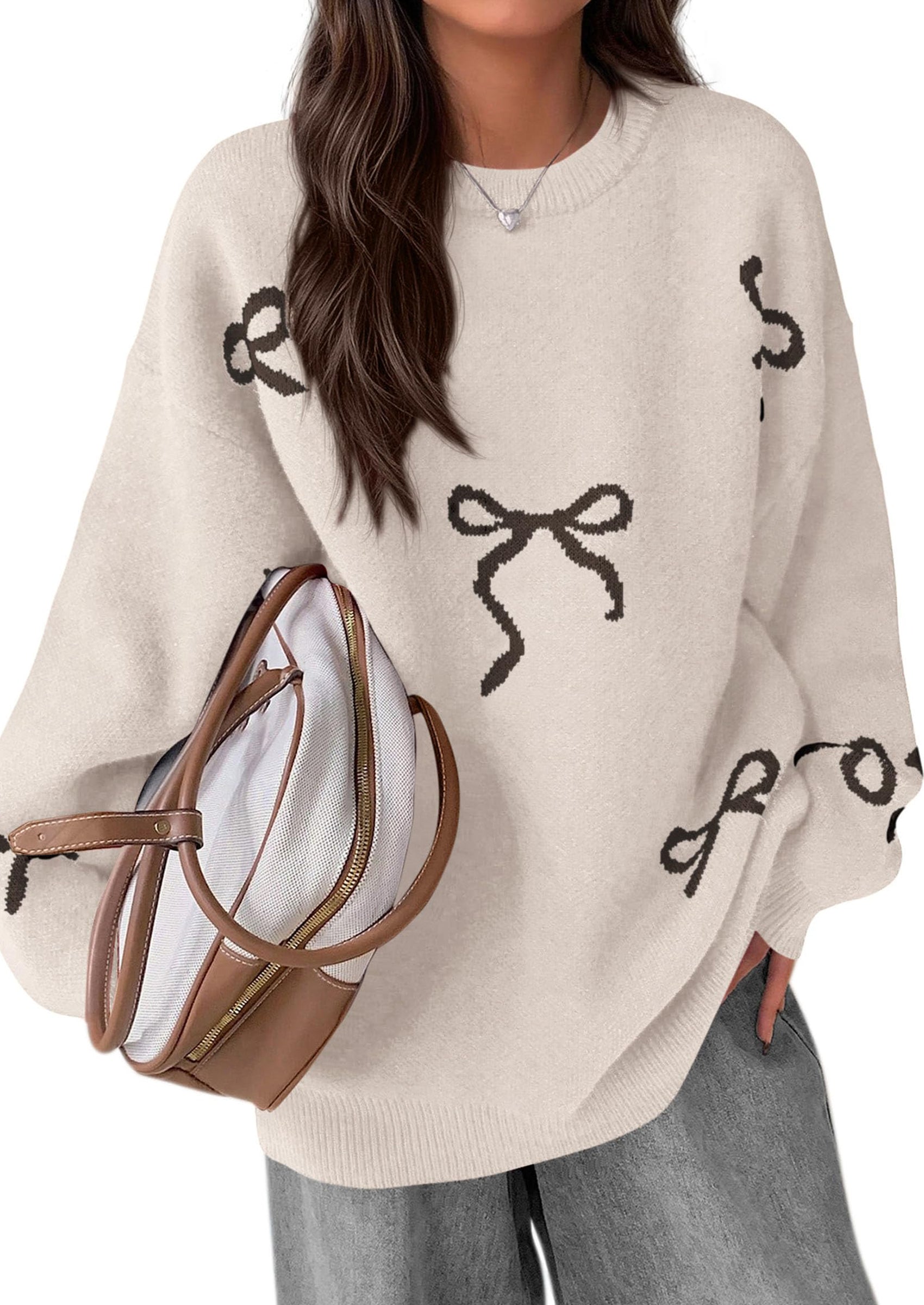PRETTYGARDEN Fall Long Sleeve Pullover Sweaters for Women Trendy Crewneck Casual Cute Bow Chunky Knit Oversized Sweater