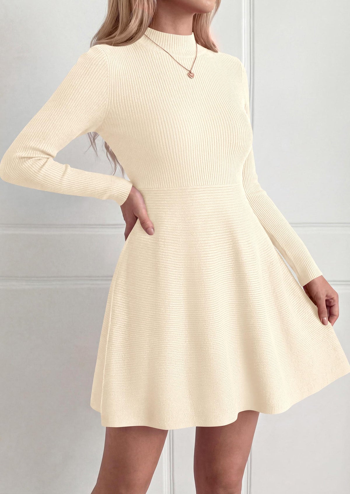 PRETTYGARDEN Womens Mock Neck Long Sleeve Sweater Mini Dress | Soft Ribbed Knit Flared A‑Line, Elegant Fall Winter Dresses for Wedding Guest, Cocktail & Holiday Party Casual Outfits