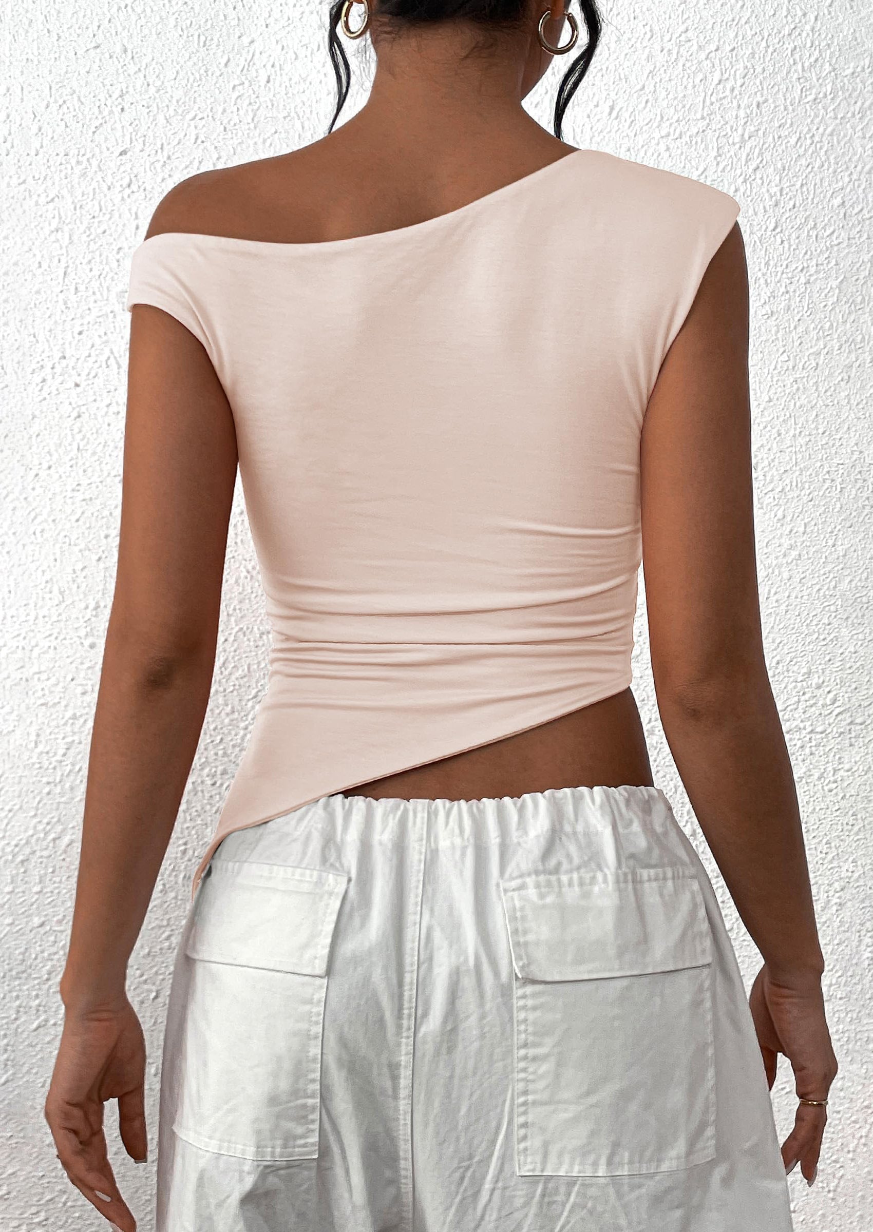 PRETTYGARDEN Womens Off The Shoulder Tops Summer Sleeveless One Shoulder Ruched Asymmetrical Y2K Going Out Crop Tank Top