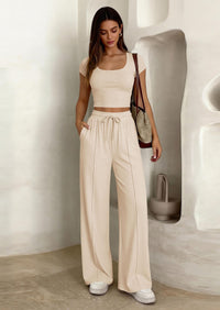 PRETTYGARDEN Women's 2 Piece Matching Lounge Sets Ribbed Short Sleeve Crop Tops Wide Leg Pants Summer Airport Outfits PRETTYGARDEN