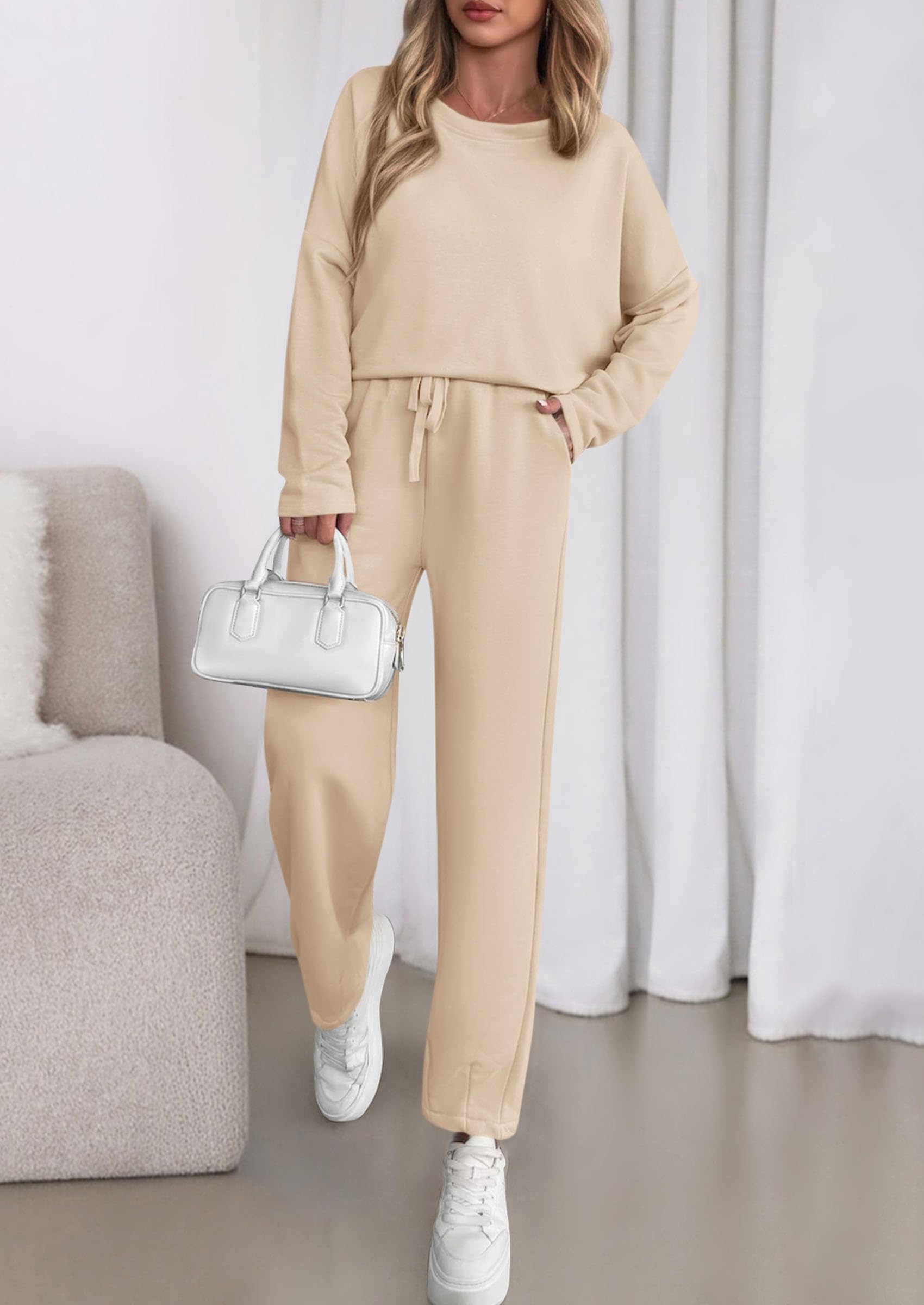 PRETTYGARDEN Womens 2 Piece Matching Lounge Sets Fall Long Sleeve Boatneck Sweatsuit Drawstring Sweatpants Pockets