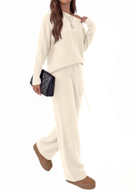 PRETTYGARDEN Lounge Sets Womens Two Piece Outfits  Cozy Boat Neck Long Sleeve , Wide Leg Pants with Drawstring, Casual Fall Fashion 2026 Airport & Travel, Knit Matching Set