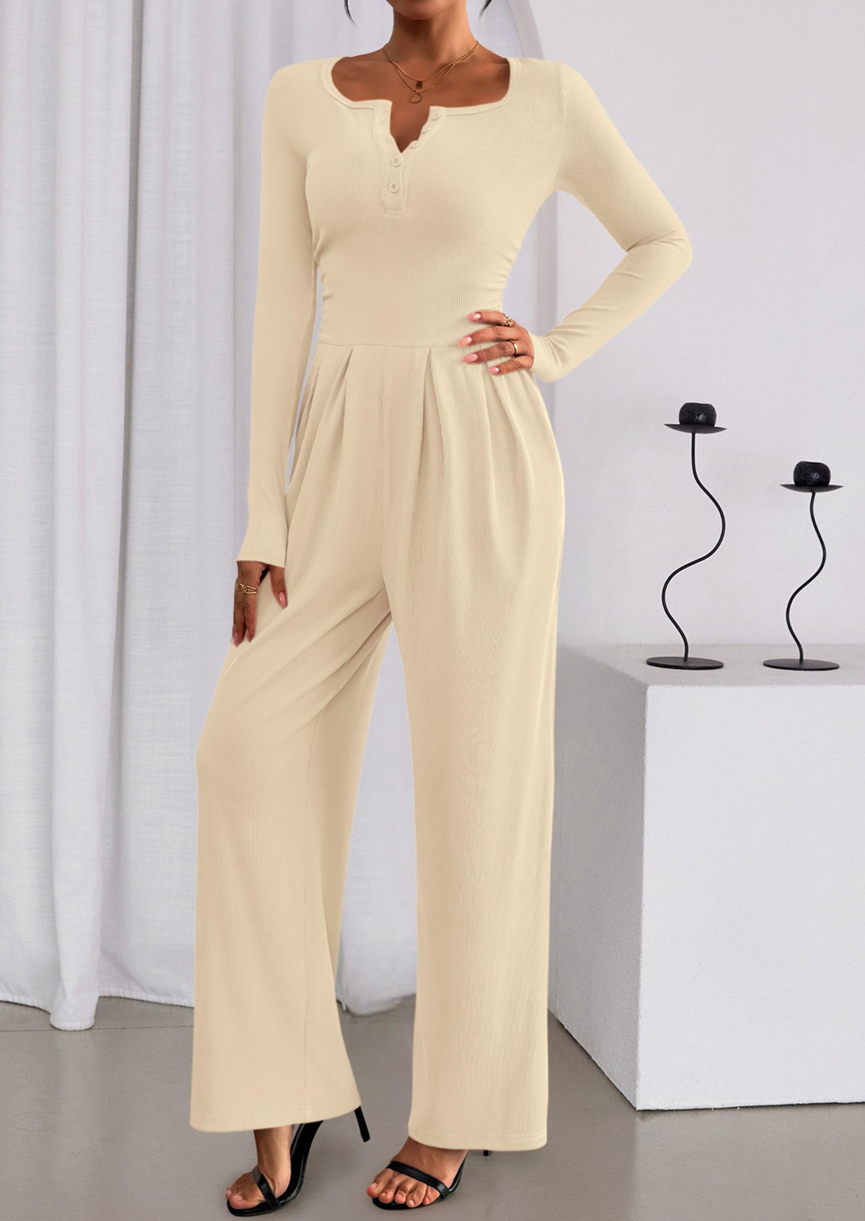 PRETTYGARDEN Jumpsuits for Women Dressy Casual Fall One Piece Outfits Long Sleeve Crew Neck Wide Leg Pants Rompers