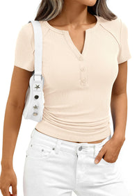 PRETTYGARDEN Womens Summer Short Sleeve Tops 2026 Spring Casual V Neck Henley Button Up T Shirts Dressy Ribbed Knit Blouses PRETTYGARDEN