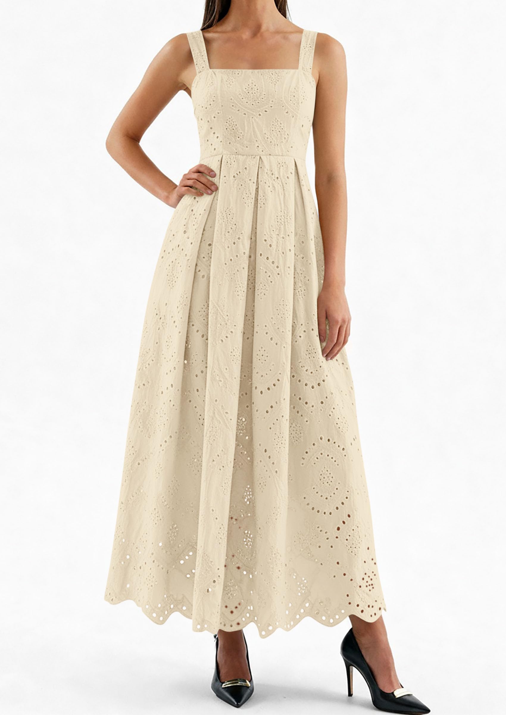 PRETTYGARDEN Womens Sleeveless Maxi Summer Dresses Hollow Out Eyelet Square Neck Ruffle Flowy Beach Vacation Sundress PRETTYGARDEN