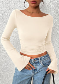 PRETTYGARDEN Women's Long Sleeve Shirts Fall Going Out Tops Casual Boat Neck Bell Sleeve Ribbed Ruched Y2K Clothes