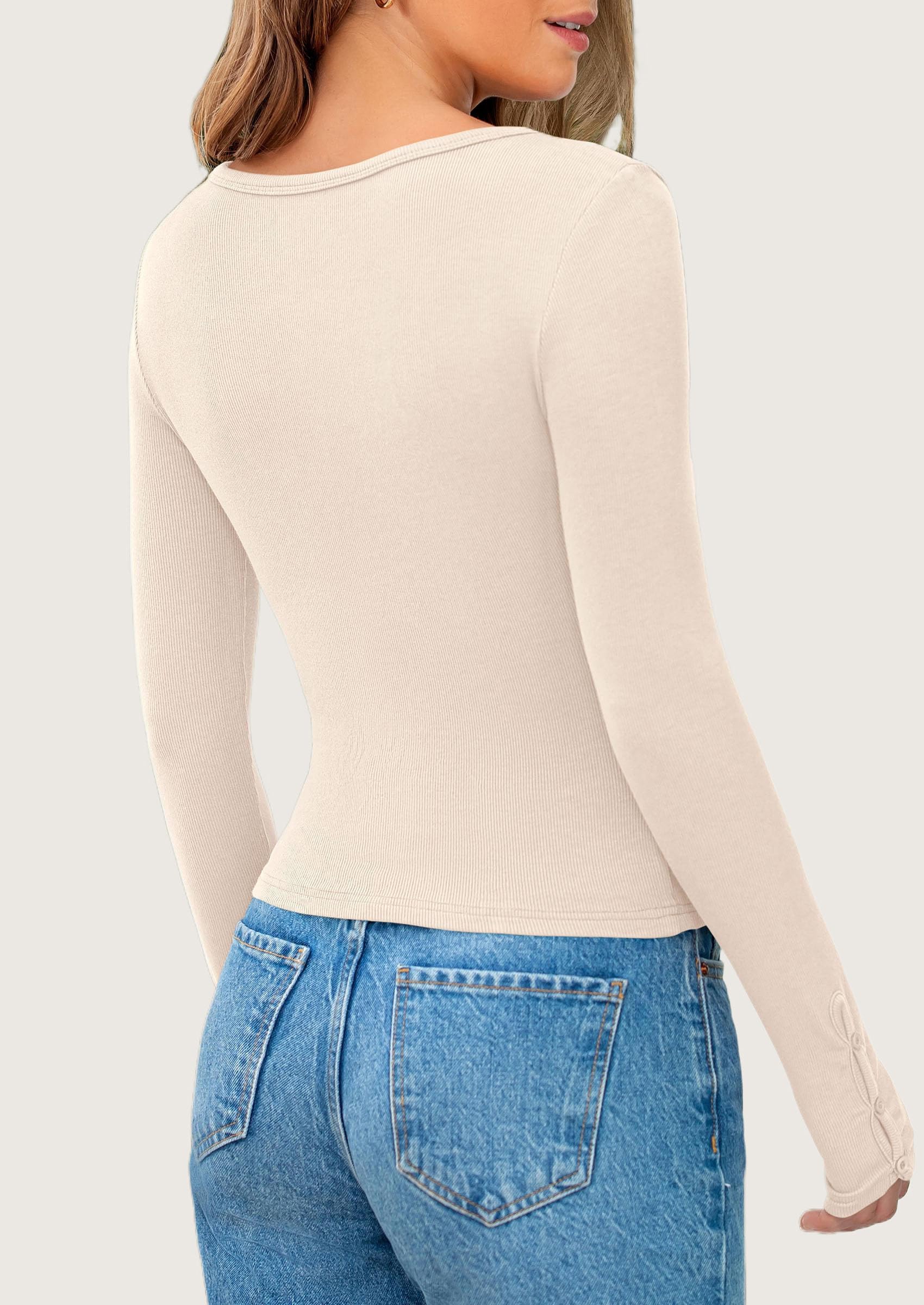 PRETTYGARDEN Women's Summer Long Sleeve Henley T Shirts Ribbed Knit Button Slim Fitted Basic Casual Going Out Fall Tops