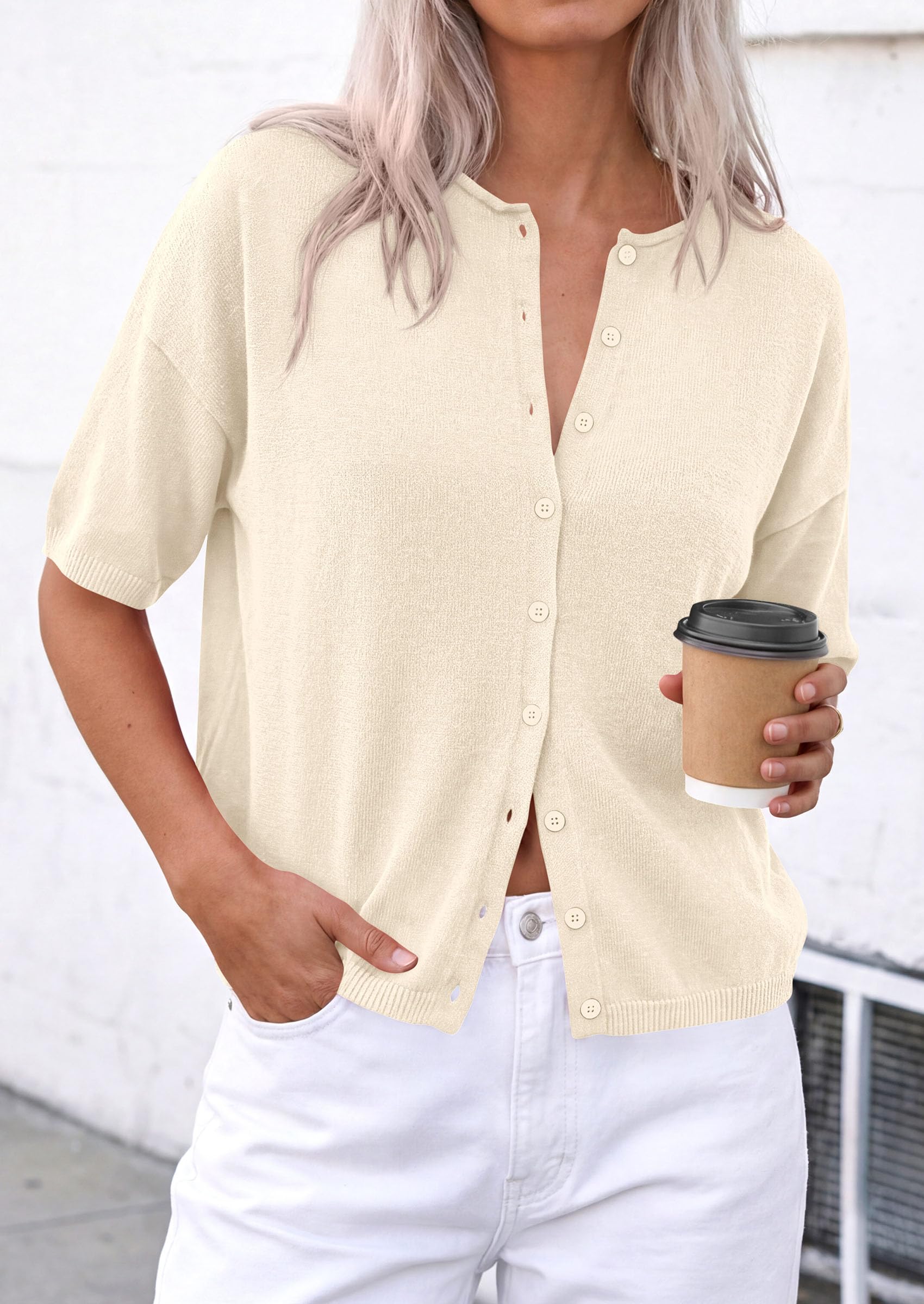 PRETTYGARDEN Women Spring Short Sleeve Cardigan Sweaters Button Down Knit Shirt Blouse Dressy Casual Tops Summer Outfits PRETTYGARDEN