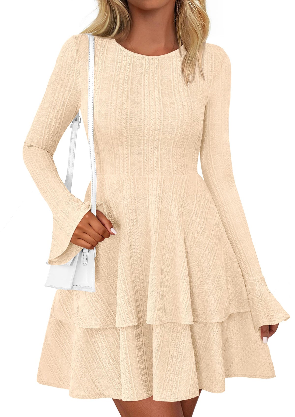 PRETTYGARDEN Womens Spring Fashion Long Bell Sleeve Mini Sweater Dress Casual Crewneck A Line Knit Short Cocktail Dresses - PRETTYGARDEN