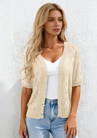 PRETTYGARDEN Short Sleeve Crochet Knit Summer Cardigans for Women Lightweight Button Down Hollow Out Sweater Beach Cover Up PRETTYGARDEN