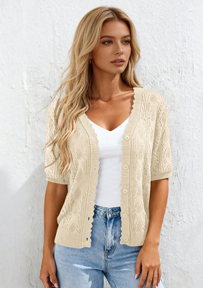 PRETTYGARDEN Short Sleeve Crochet Knit Summer Cardigans for Women Lightweight Button Down Hollow Out Sweater Beach Cover Up PRETTYGARDEN