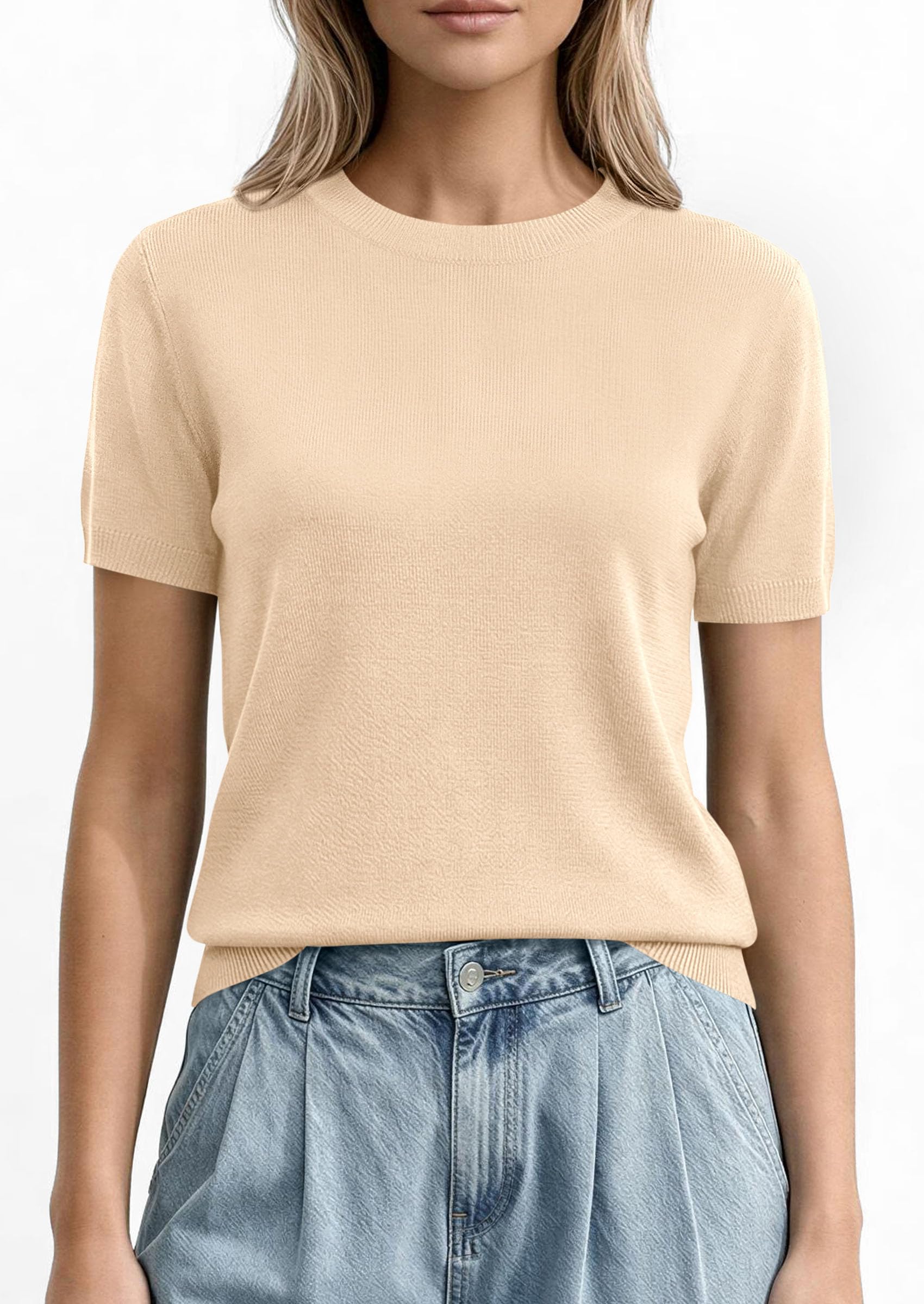 PRETTYGARDEN Women's Short Sleeve Sweaters Spring Crew Neck Knit Work Shirts Business Casual Tops Summer Fashion Clothes PRETTYGARDEN