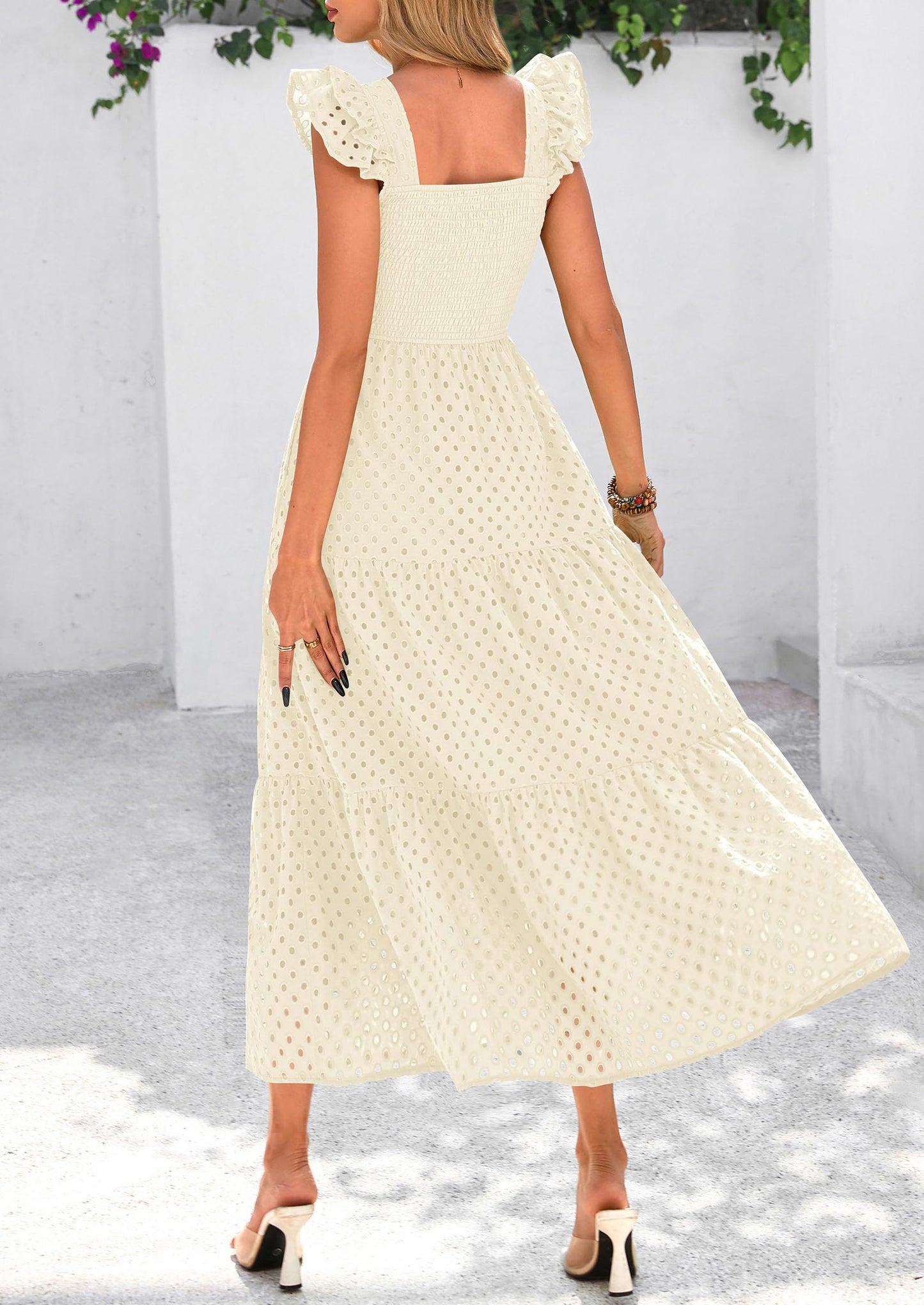 Womens Summer Square Neck Maxi Dresses Cap Sleeve Eyelet Smocked Tiered A Line Flowy Long Dress with Pockets