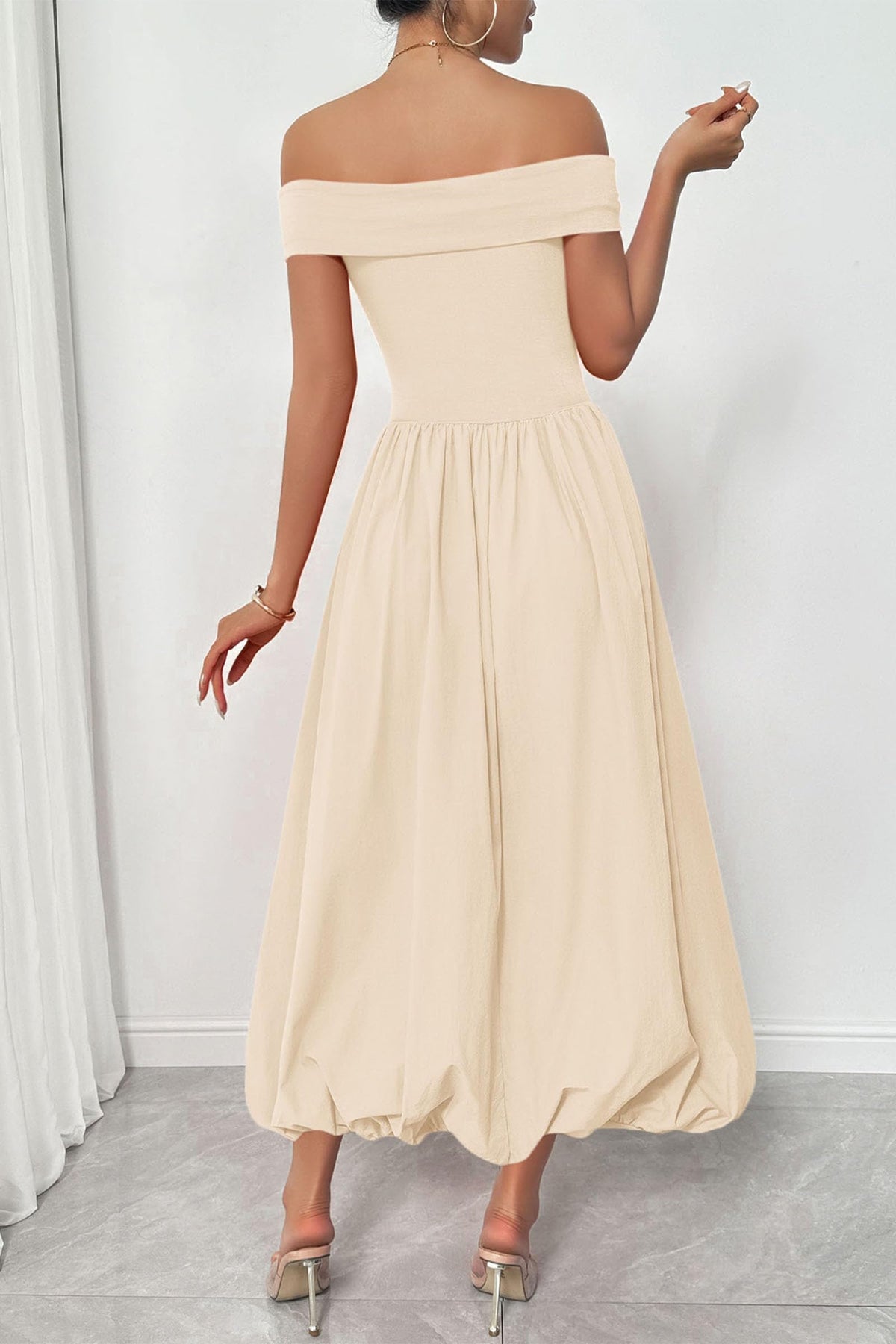 Womens Summer Off Shoulder Sleeveless Midi Dress Cocktail A Line Flowy Wedding Guest Dresses with Pockets