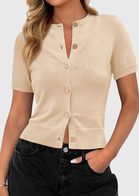 PRETTYGARDEN Womens Casual Summer Short Sleeve Cardigans Button Down Knitted Sweater Basic Crew Neck Crop Tops