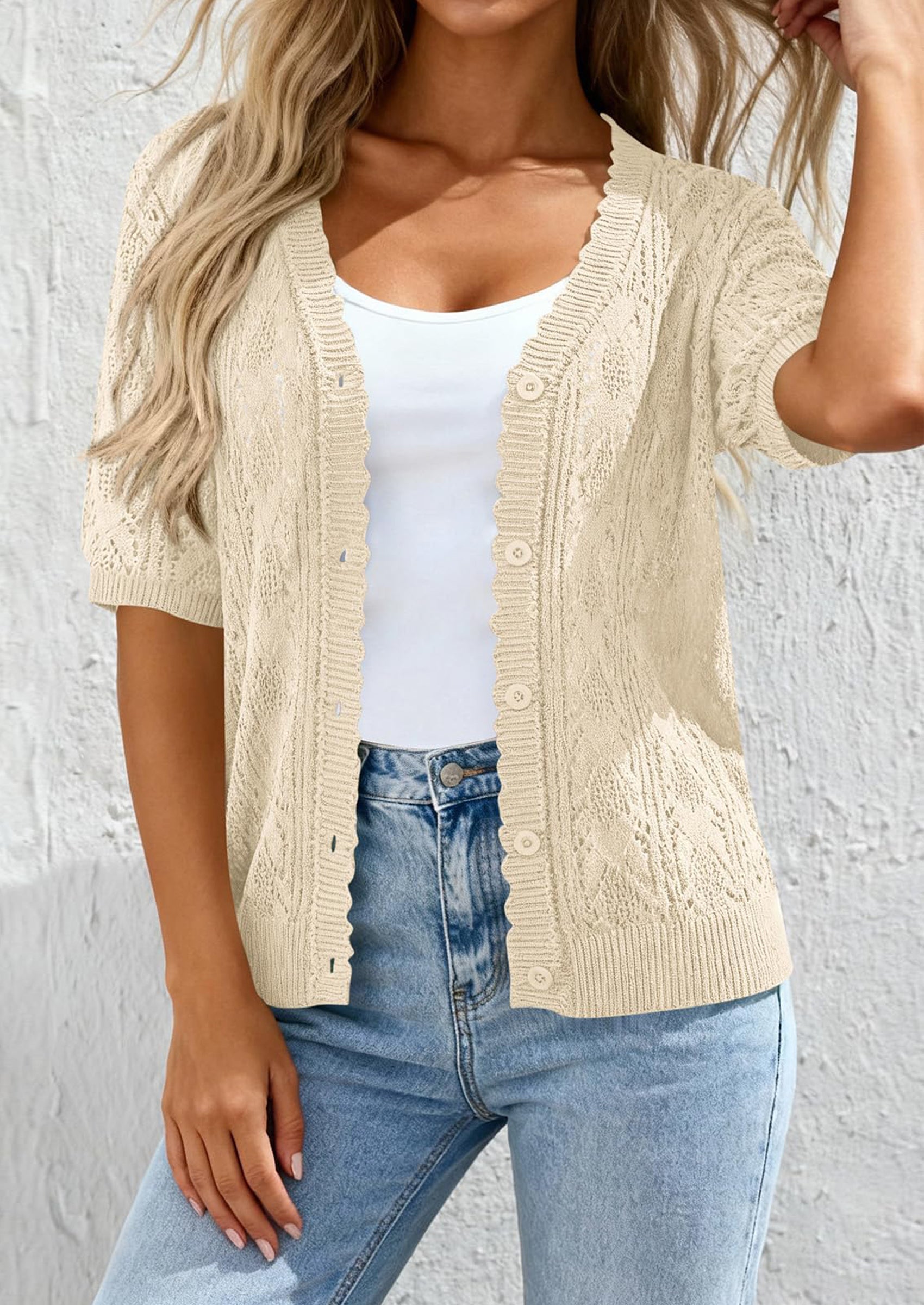 PRETTYGARDEN Short Sleeve Crochet Knit Summer Cardigans for Women Lightweight Button Down Hollow Out Sweater Beach Cover Up PRETTYGARDEN