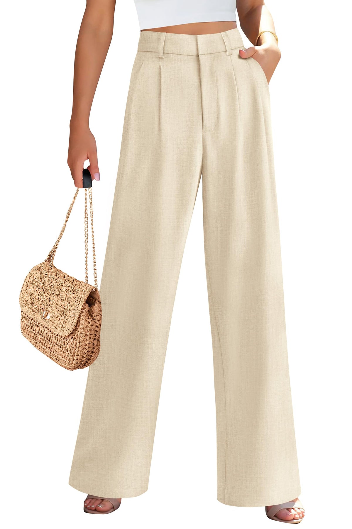 Elastic High Waisted Straight Leg Business Trousers Slacks With Pockets