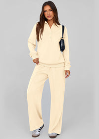 PRETTYGARDEN Women Fall 2 Piece Outfits Sweatsuits Quarter Button Long Sleeve Sweatshirt Wide Leg Pants Tracksuit Lounge Sets