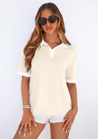 PRETTYGARDEN Summer Short Sleeve Polo Shirts for Women Collared V Neck Work Dressy Tops Knit Loose Business Casual Outfits PRETTYGARDEN