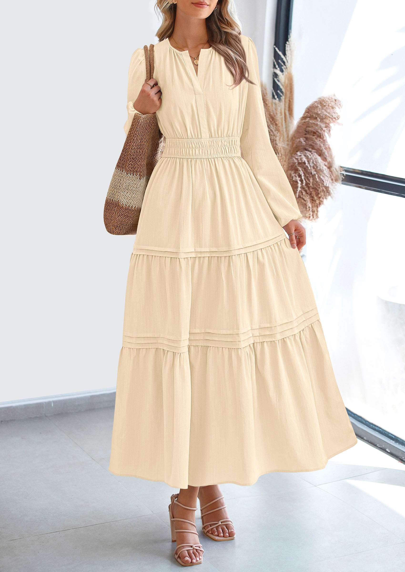 PRETTYGARDEN Women's Elegant Maxi Dresses Long Sleeve V Neck Flowy Pockets Casual Modest Dress Fall Fashion Clothes