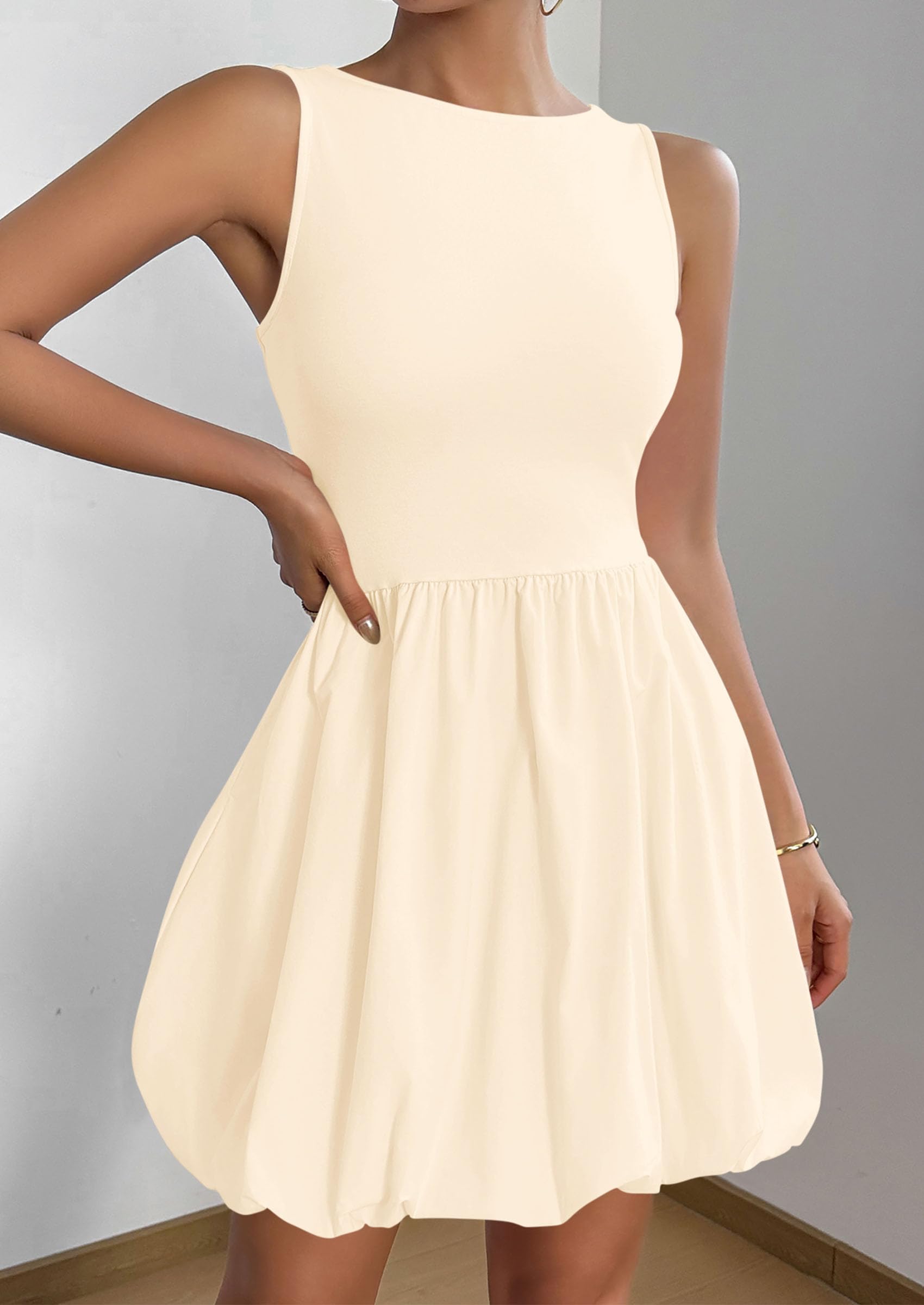 PRETTYGARDEN Summer Dresses for Women Casual Sleeveless Tank Mini Short Dress Crew Neck Bubble Sundress with Pockets