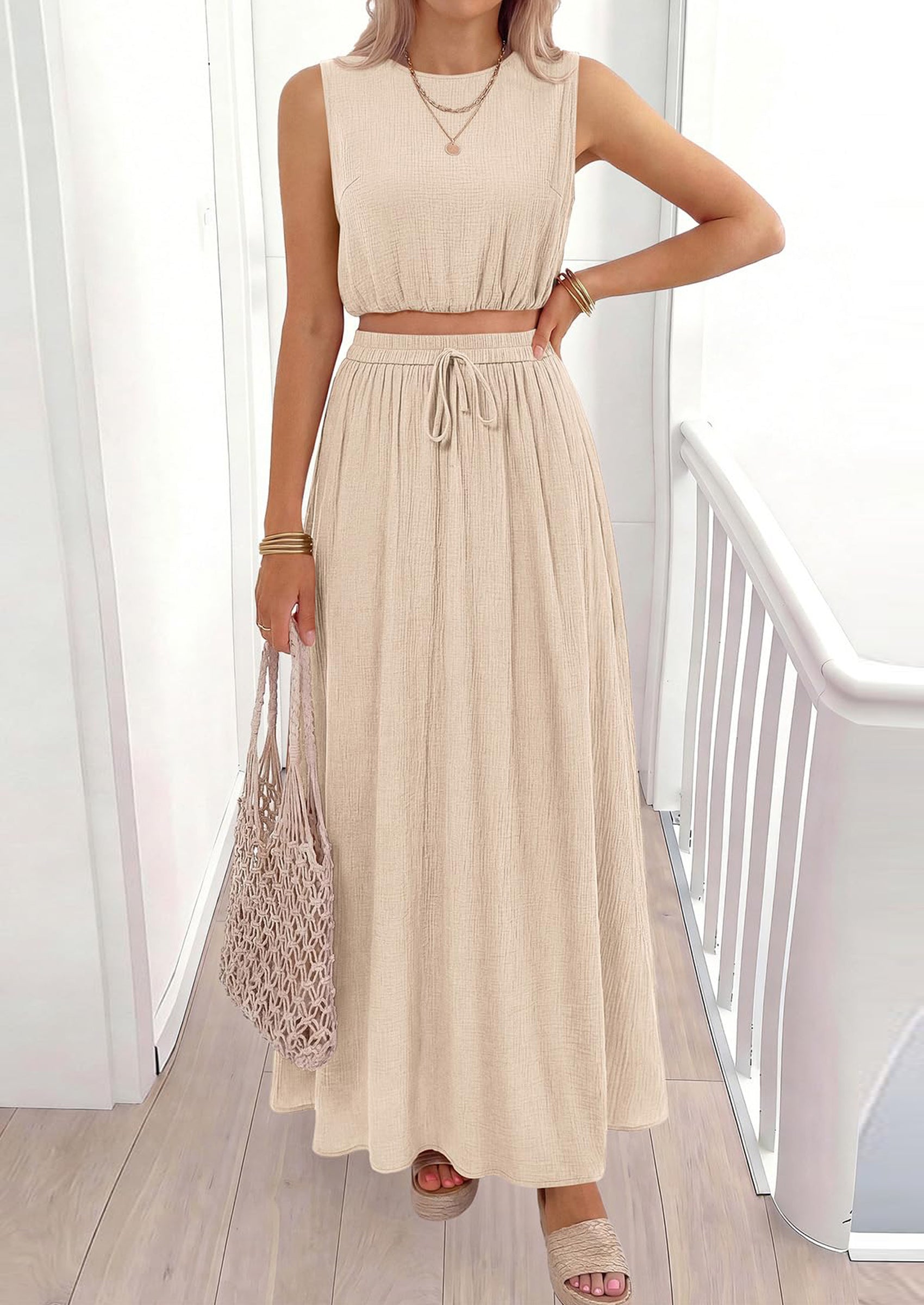 PRETTYGARDEN 2 Piece Sets for Women Summer Outfits Fashion Cotton Sleeveless Crop Top Long Maxi Skirt Set with Pockets