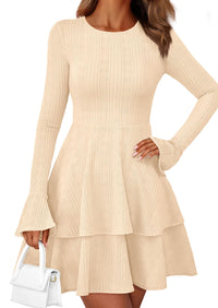 PRETTYGARDEN Womens Spring Fashion Long Bell Sleeve Mini Sweater Dress Casual Crewneck A Line Knit Short Cocktail Dresses - PRETTYGARDEN