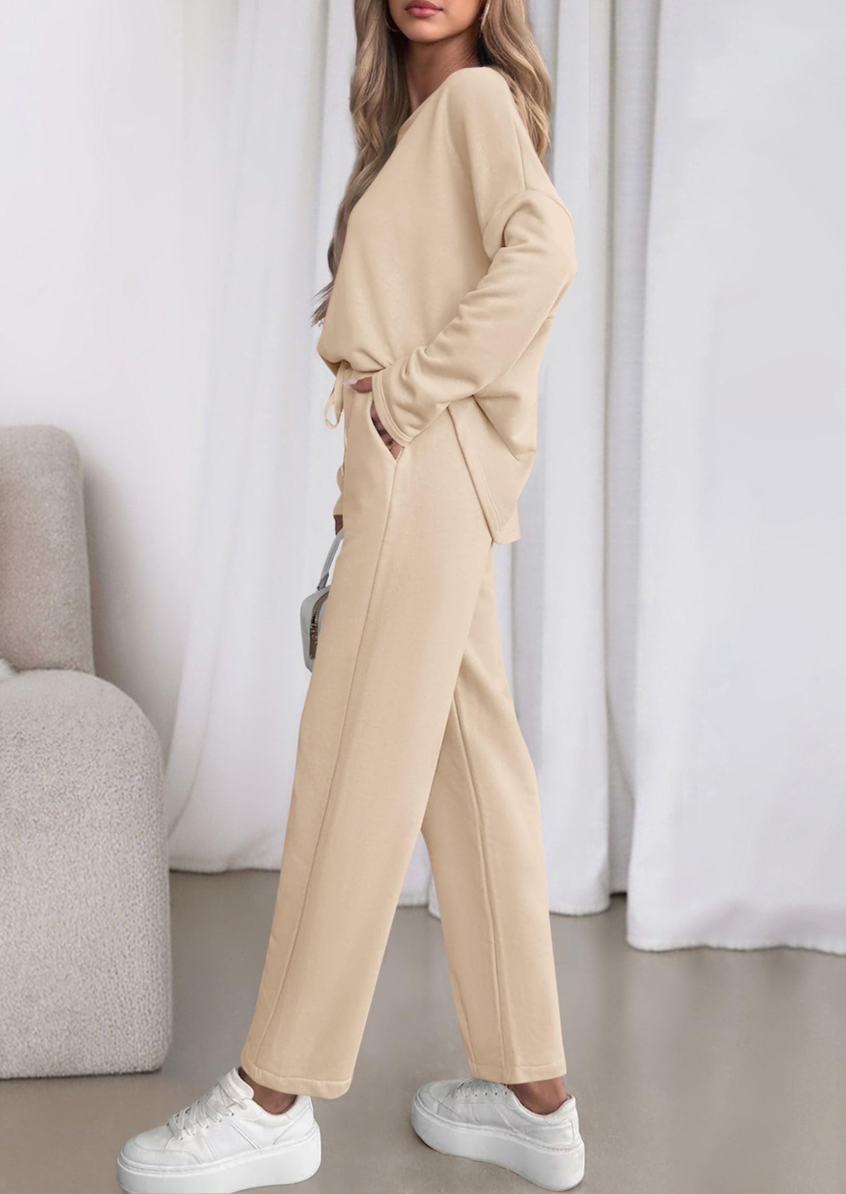 PRETTYGARDEN Womens 2 Piece Matching Lounge Sets Fall Long Sleeve Boatneck Sweatsuit Drawstring Sweatpants Pockets