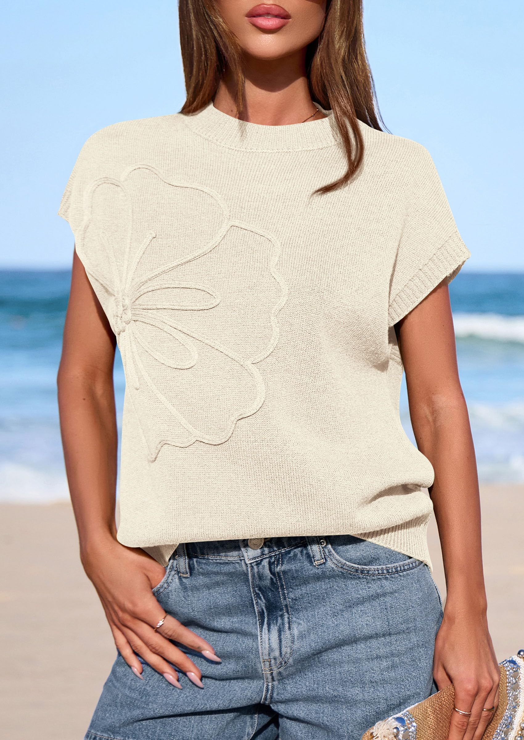 PRETTYGARDEN Women's Spring Sweater Vest Trendy Flower Knit Short Sleeve Cute Pullover Tank Tops Summer Fashion Clothing PRETTYGARDEN