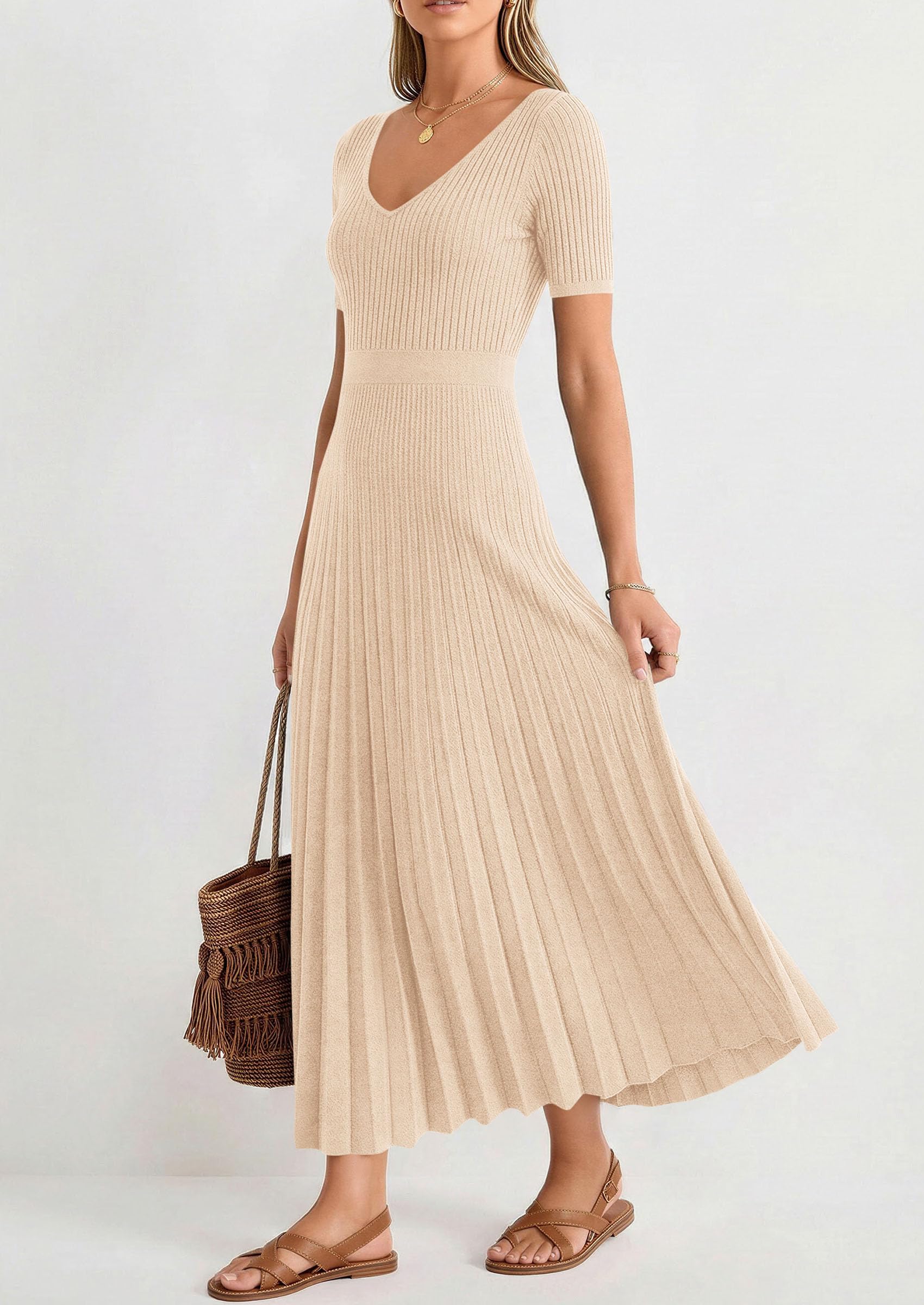 PRETTYGARDEN Women's Spring Midi Sweater Dresses Elegant Pleated Ribbed Knit Short Sleeve V Neck A Line Summer Outfits PRETTYGARDEN