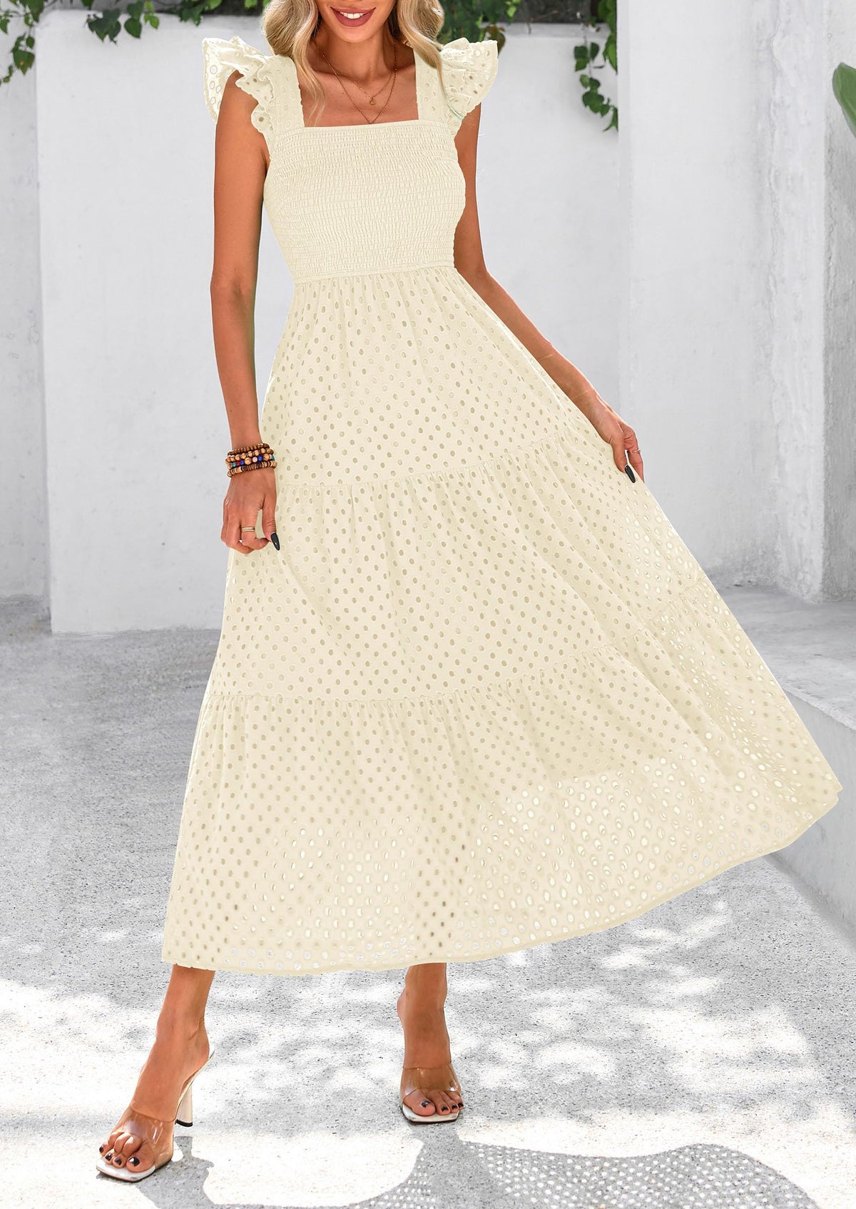 Womens Summer Square Neck Maxi Dresses Cap Sleeve Eyelet Smocked Tiered A Line Flowy Long Dress with Pockets