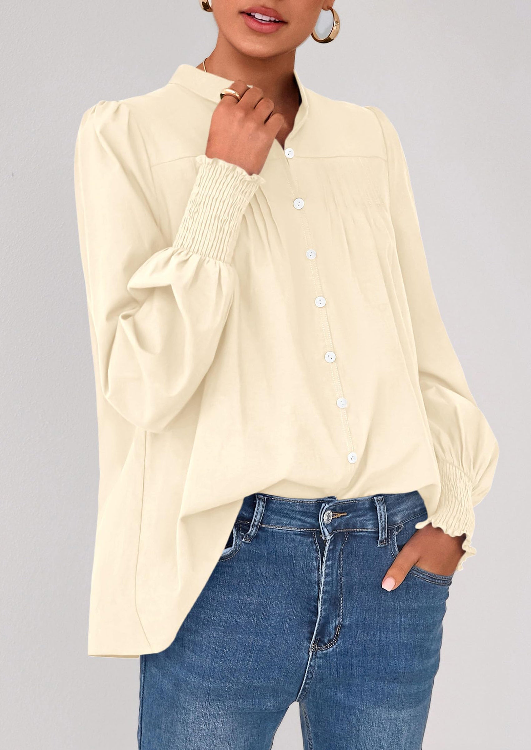 PRETTYGARDEN Womens Fall Lantern Long Sleeve Shirts Trendy Button V Neck Pleated Henley Tops Loose Work Blouses