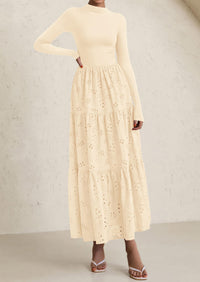 PRETTYGARDEN Long Sleeve Dress for Women Fall Eyelet Mock Neck A Line Elegant Classy Maxi Wedding Guest Dresses Pockets