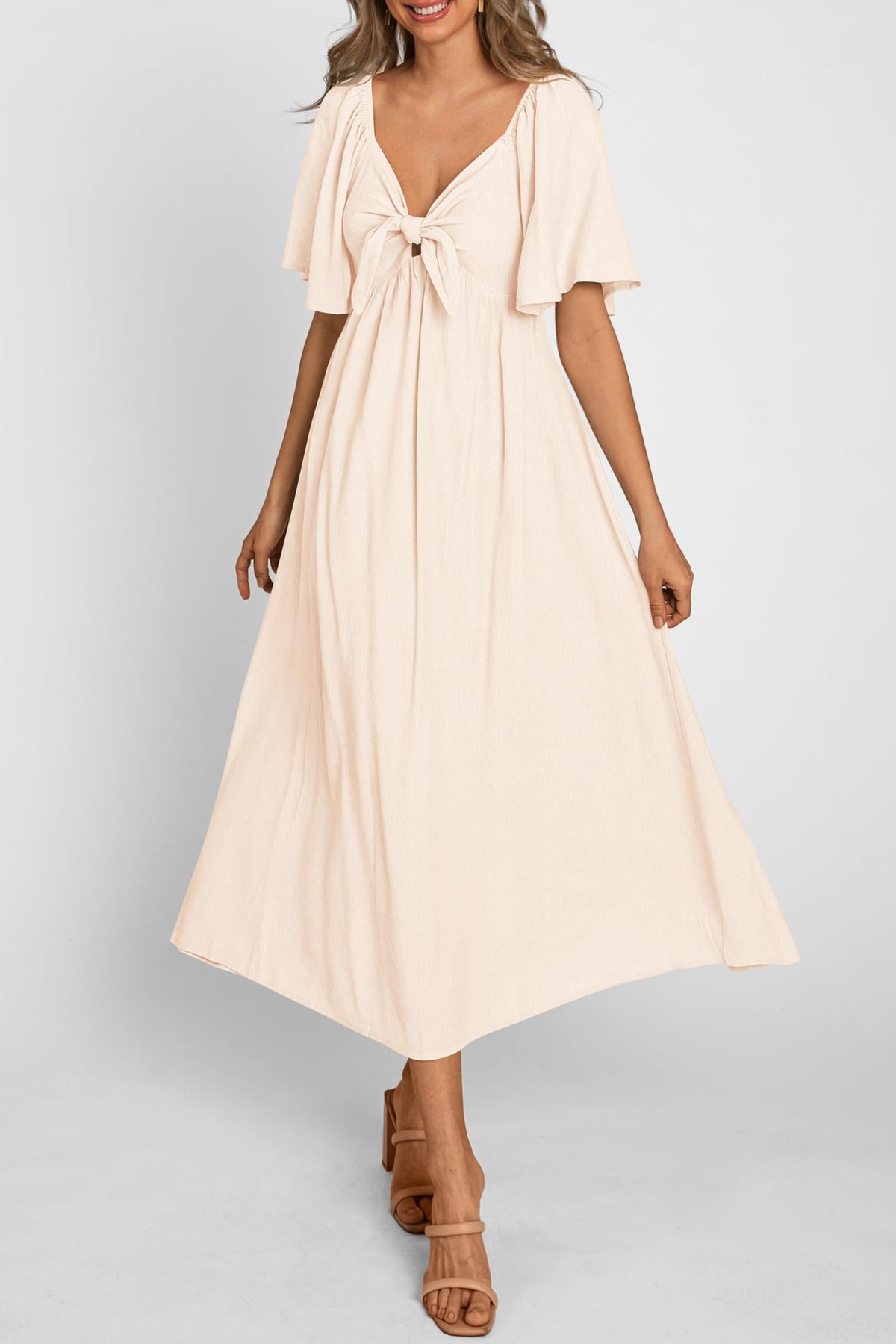 Casual Short Sleeve Bow Tie V Neck Ruffle Flowy Midi Dresses